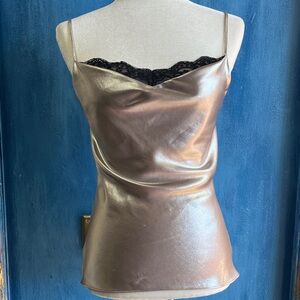 Satin Zara Metallic Cami with Black Lace Trim - Champagne